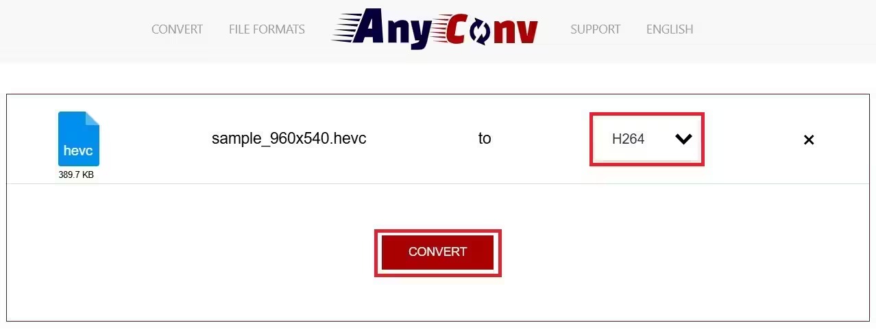 Интерфейс AnyConv с HEVC-файлом и выбором H.264