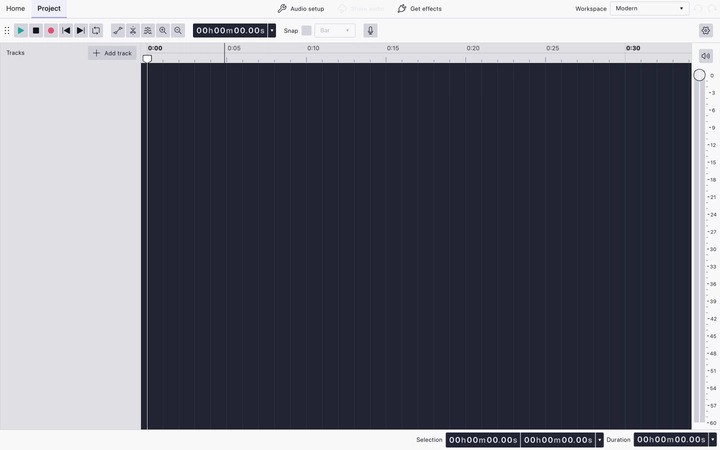 Главное окно Audacity 4 с панелями записи и дорожкой