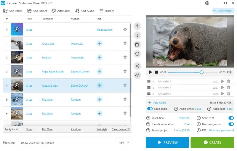 Окно Icecream Slideshow Maker PRO с фотографиями, переходами, движением, аудио и предпросмотром