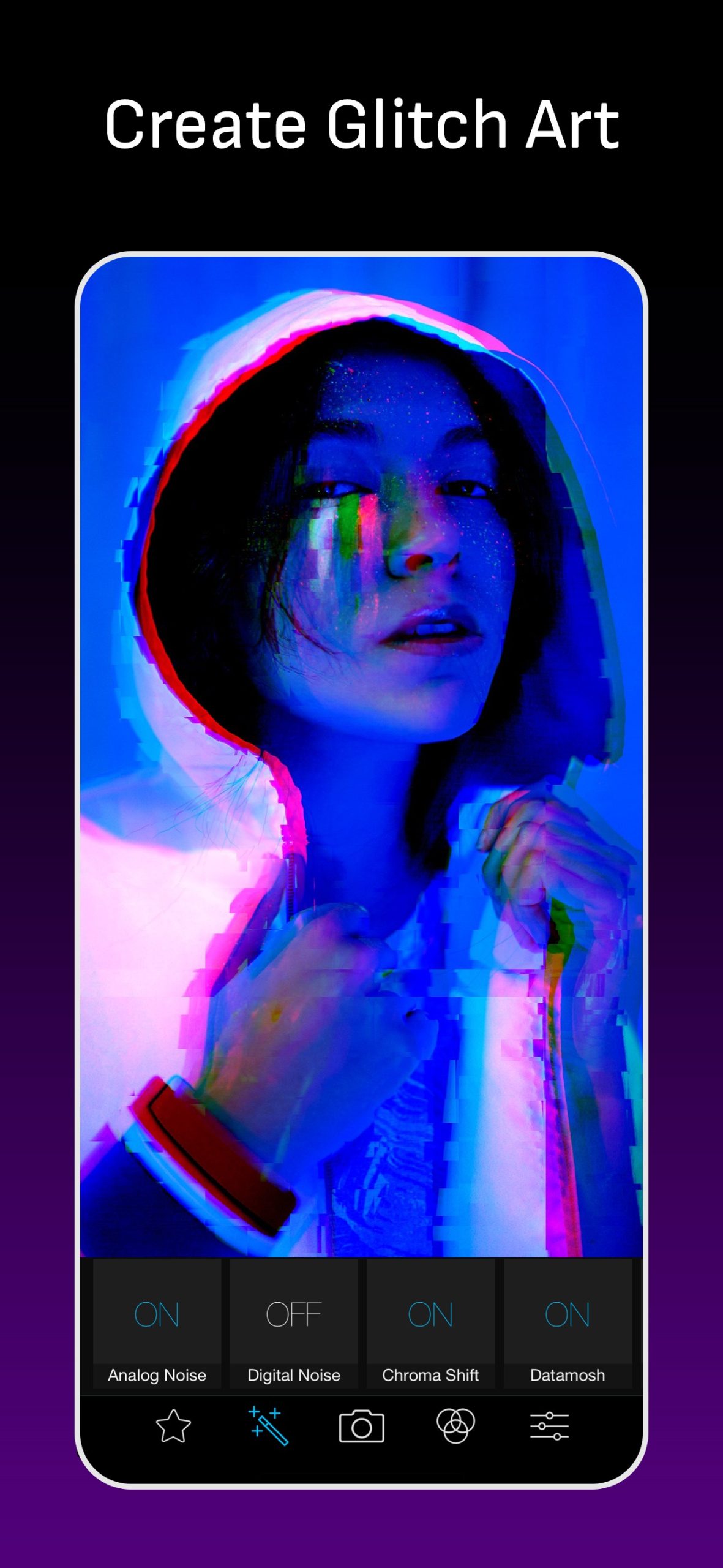 Экран Glitch Art Studio с фотографией и элементами управления эффектом