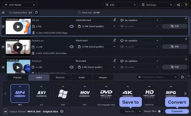 Кнопки Save to и Convert в Movavi Video Converter
