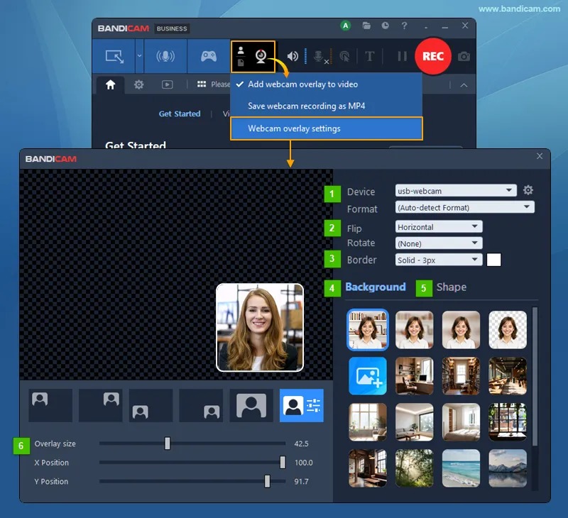 Настройки Webcam overlay в Bandicam