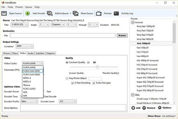 Интерфейс HandBrake с контейнером MKV, выбором видеокодека и качеством