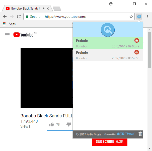 Окно расширения AHA Music для распознавания звука браузерной вкладки