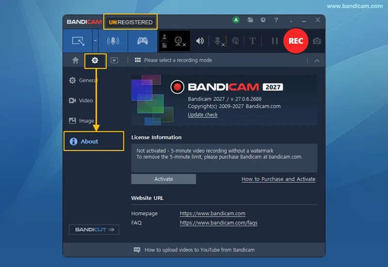 Главное окно бесплатной версии Bandicam 2027 со статусом UNREGISTERED