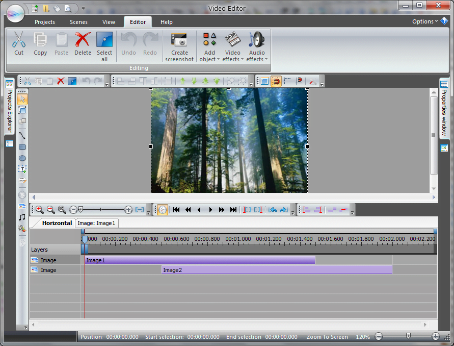 Интерфейс VSDC Free Video Editor с окном сцены и временной шкалой