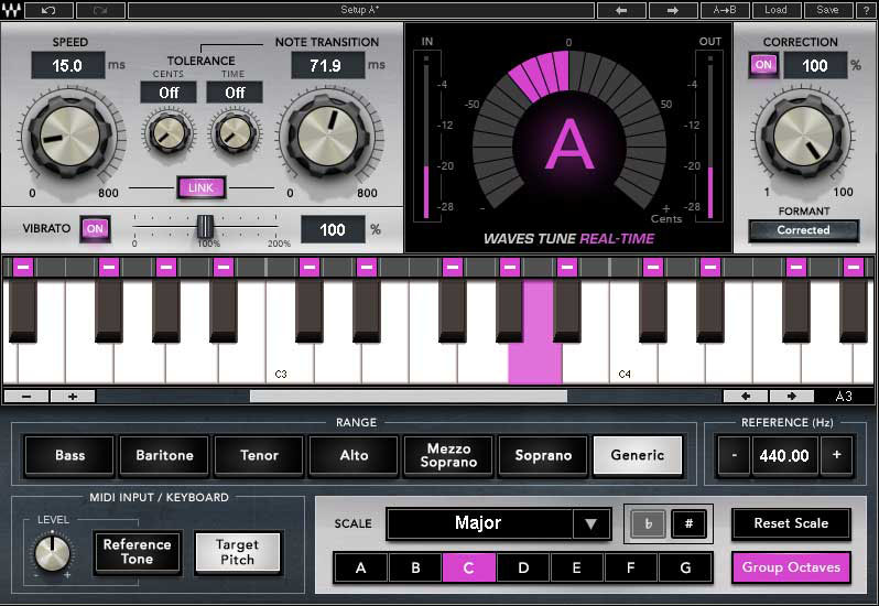 Интерфейс Waves Tune Real-Time с настройками скорости, перехода, гаммы и формантов