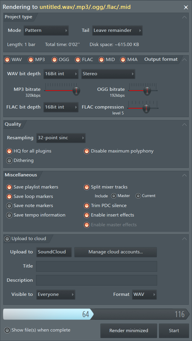 Окно Export Project FL Studio с настройками режима, хвоста и формата