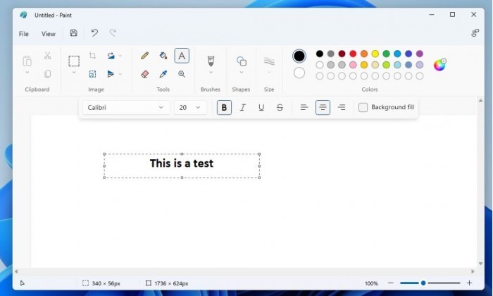 Текстовое поле и параметры шрифта в Microsoft Paint для Windows 11
