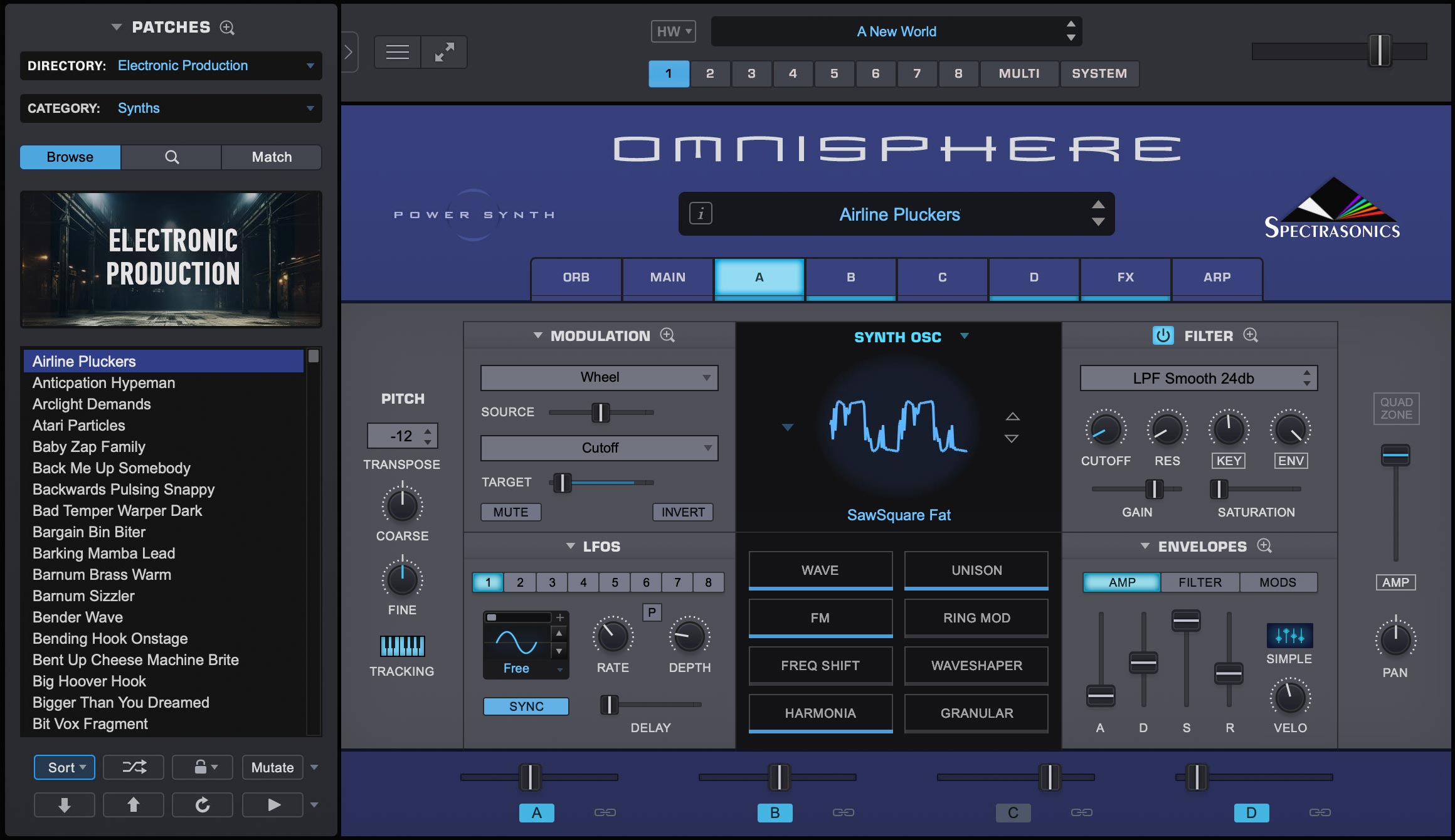 Главное окно Spectrasonics Omnisphere 3 с браузером патчей и синтезаторной секцией