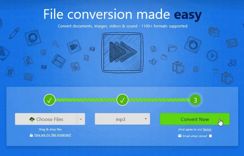 Интерфейс Zamzar с выбранным форматом mp3 и активной кнопкой Convert Now