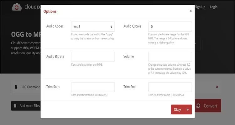 Окно Options CloudConvert с параметрами аудиокодека и битрейта