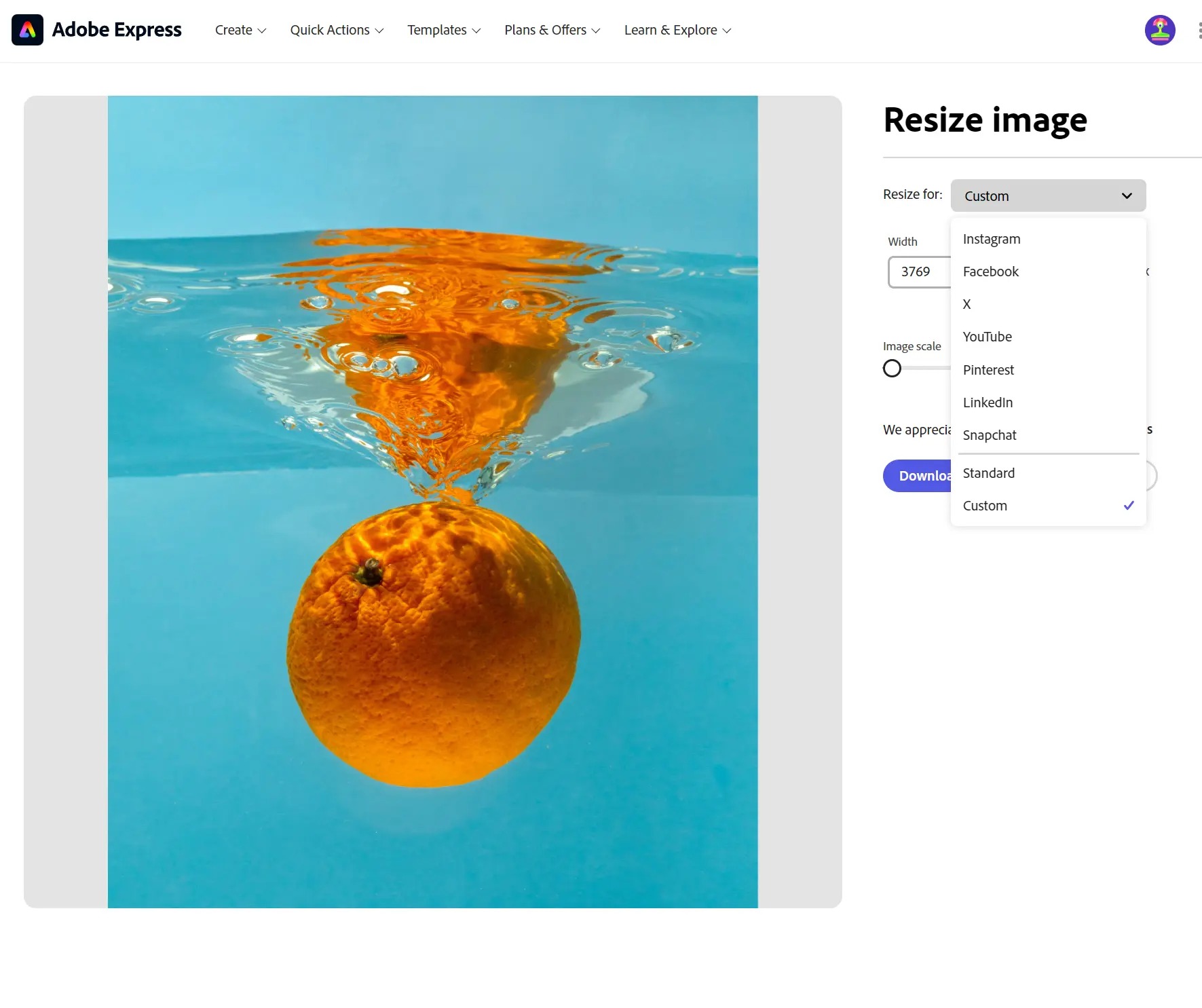Интерфейс Adobe Express Resize image с выбором Custom