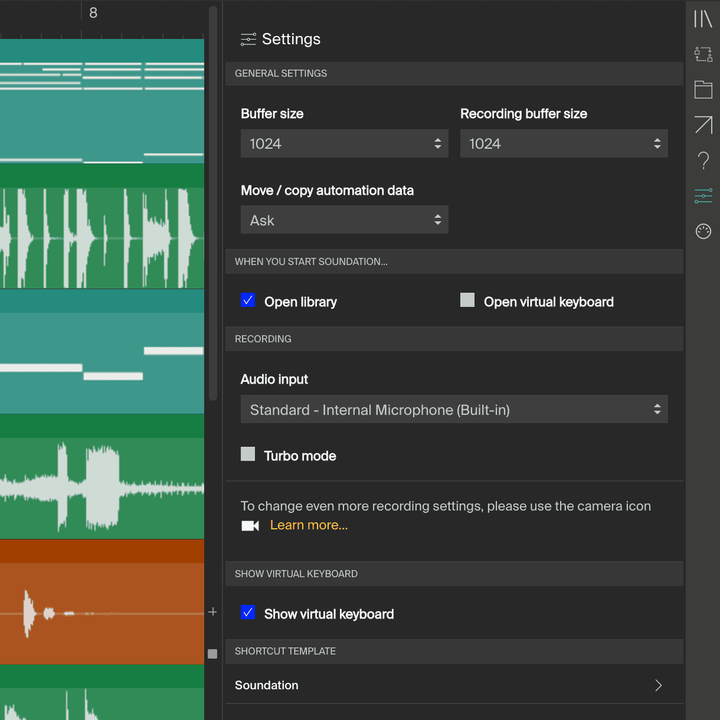 Настройки Soundation с выбором аудиовхода и размера буфера