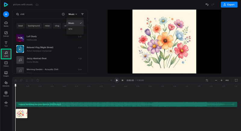 Clideo Video Editor с открытой вкладкой Audio, фотографией и аудиодорожкой