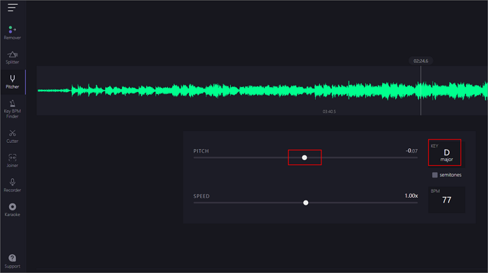 Интерфейс VocalRemover.org с боковым меню и инструментом Pitcher