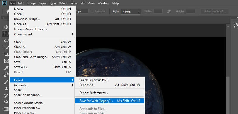 Меню Photoshop File Export Save for Web Legacy для сохранения анимации GIF