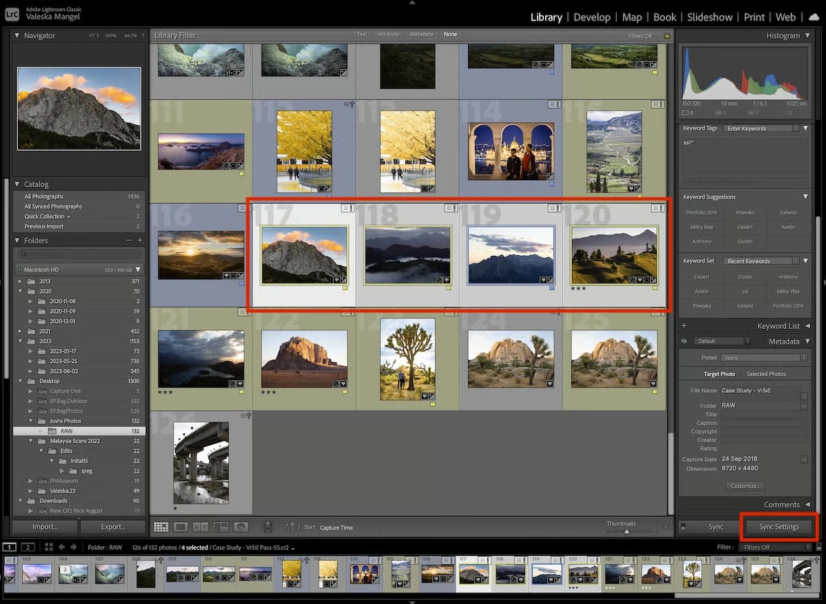 Adobe Lightroom Classic с выделенной группой кадров и кнопкой Sync Settings