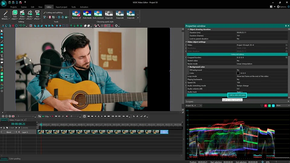 Команда Split to video and audio в VSDC