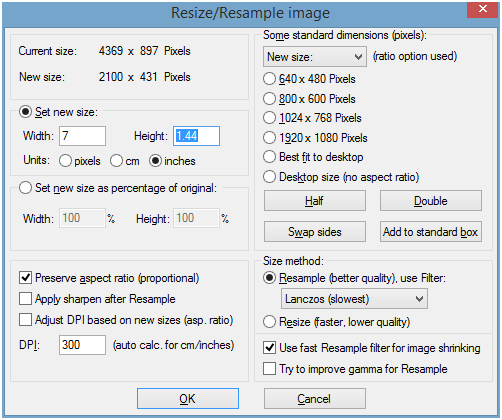 Окно Resize Resample image в IrfanView с настройкой пикселей, пропорций, DPI и фильтра Lanczos
