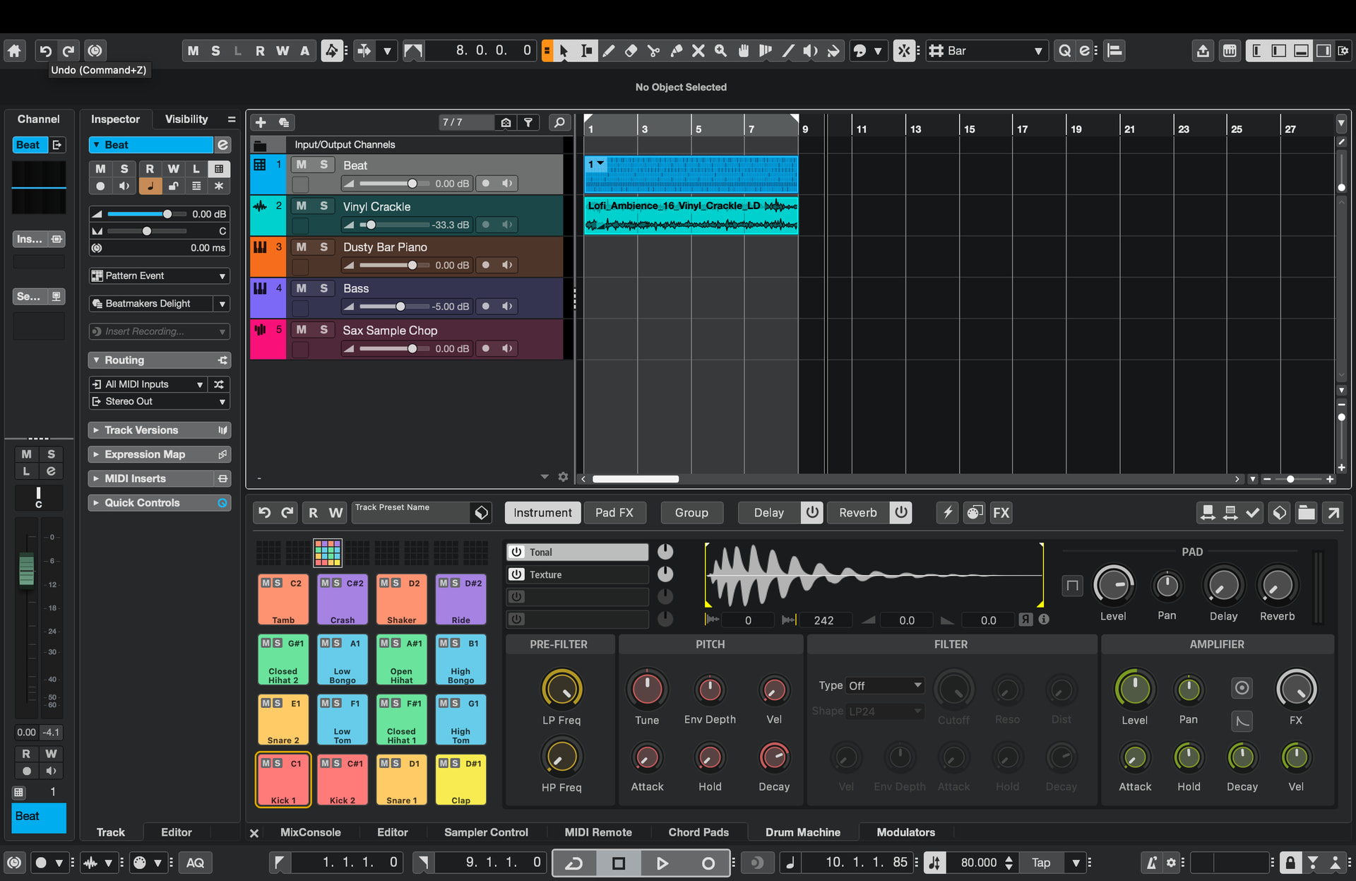 Интерфейс Cubase 15 с дорожками проекта, инспектором и Drum Machine