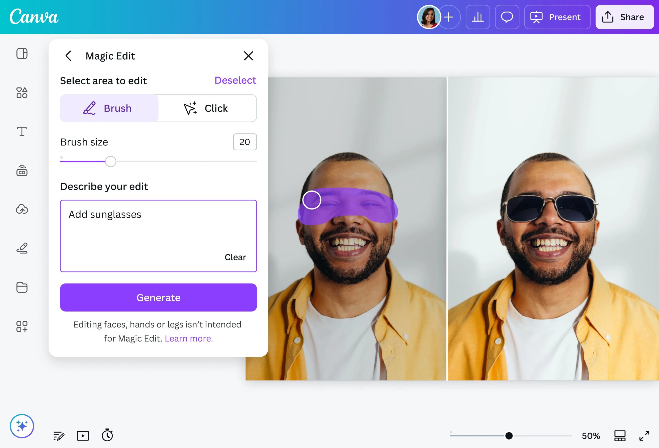 Интерфейс Canva AI Photo Editor с выделением области для генеративной правки