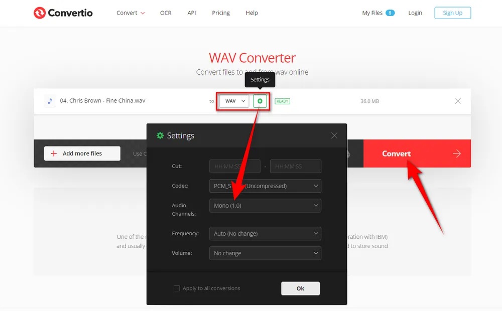 Окно расширенных аудионастроек Convertio с частотой и каналами