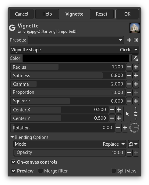 Окно фильтра Vignette в GIMP 3