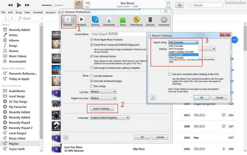 Настройки импорта iTunes с выбором AAC Encoder