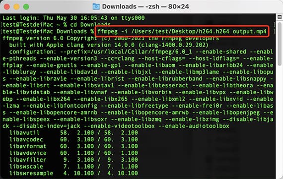 Терминал с командой FFmpeg для преобразования H.264 в MP4