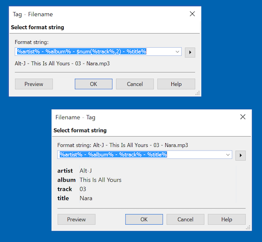 Диалоги Mp3tag Tag - Filename и Filename - Tag с форматной строкой