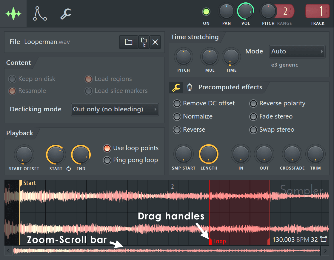 Окно Channel Sampler в FL Studio с границами сэмпла и параметрами time stretching