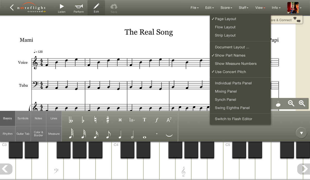 Веб-интерфейс Noteflight для редактирования партитуры