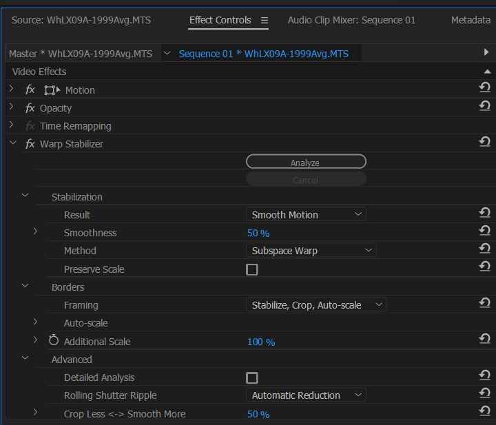 Панель Effect Controls в Adobe Premiere Pro с настройками Warp Stabilizer