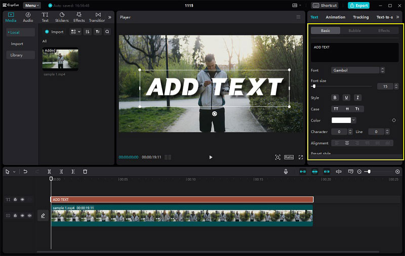 Текстовый слой ADD TEXT в интерфейсе CapCut на компьютере