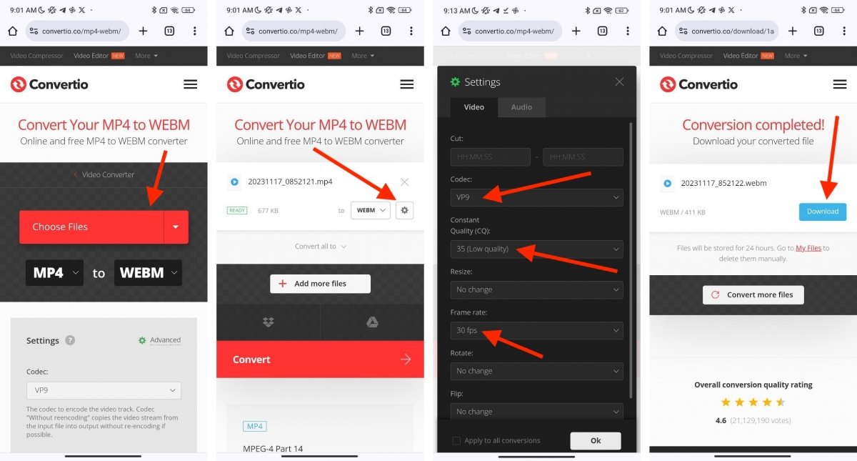 Настройки Convertio для MP4 в WebM с выбором VP9