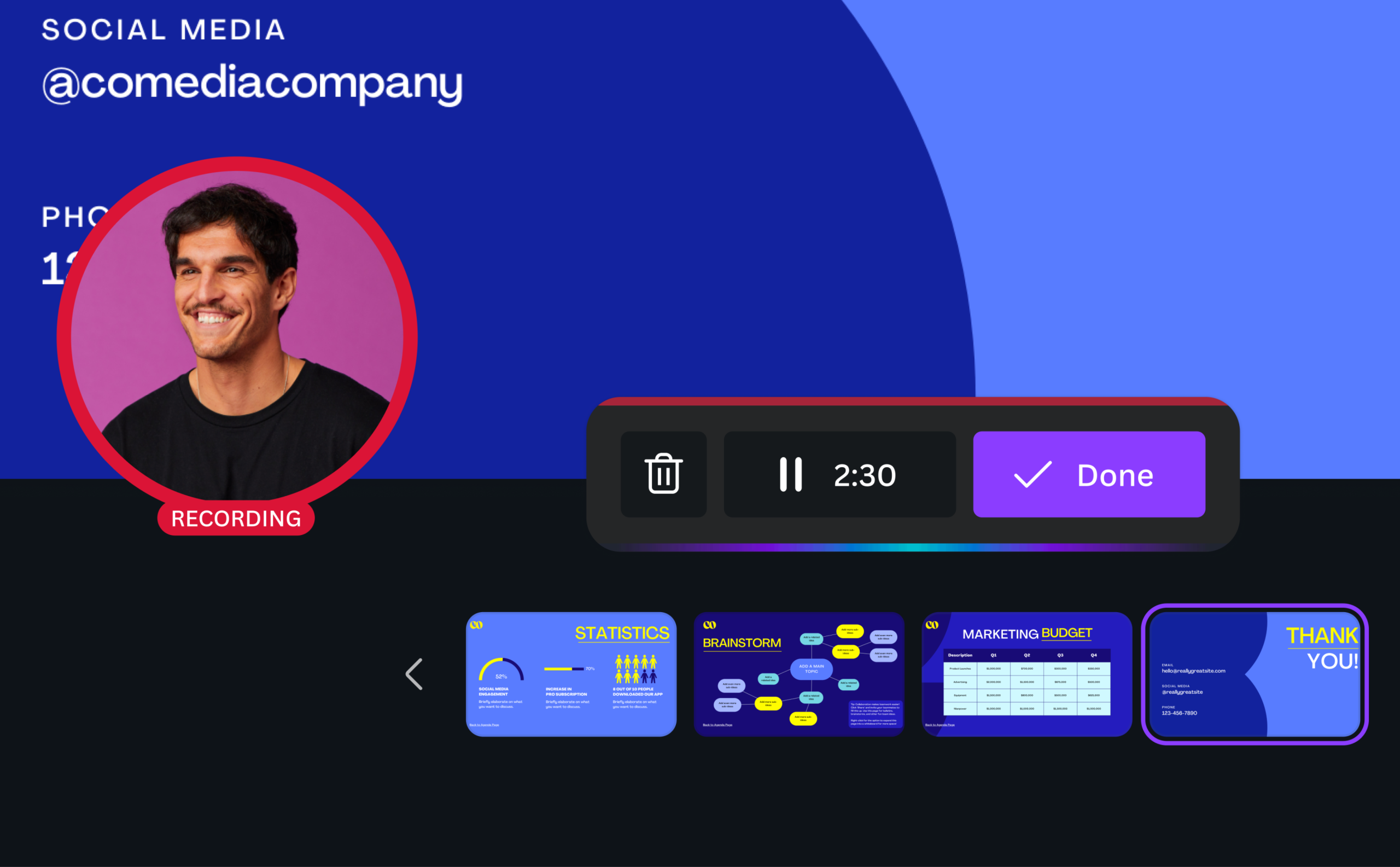 Интерфейс Canva для записи презентации с миниатюрами слайдов и панелью записи