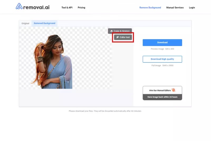 Интерфейс Removal.AI с вырезанным портретом и кнопками Erase and Restore