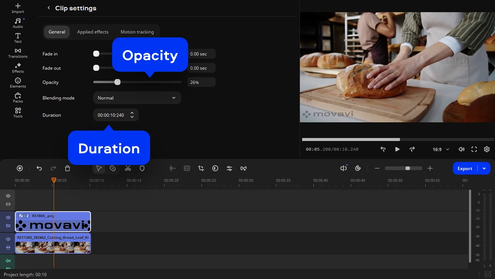 Настройка изображения поверх видео в Movavi Video Editor