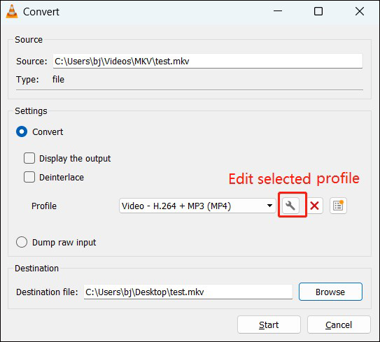 Диалог Convert в VLC Media Player с выбором профиля H.264 MP4, папки назначения и кнопкой Start