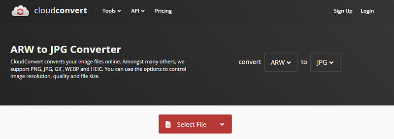 Интерфейс CloudConvert для преобразования ARW в JPG