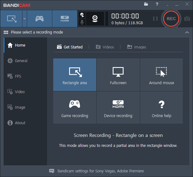 Интерфейс Bandicam с режимами Rectangle area, Fullscreen и Around mouse
