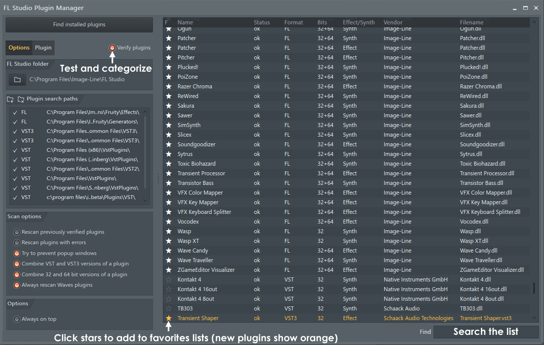FL Studio Plugin Manager со списком плагинов и путями поиска