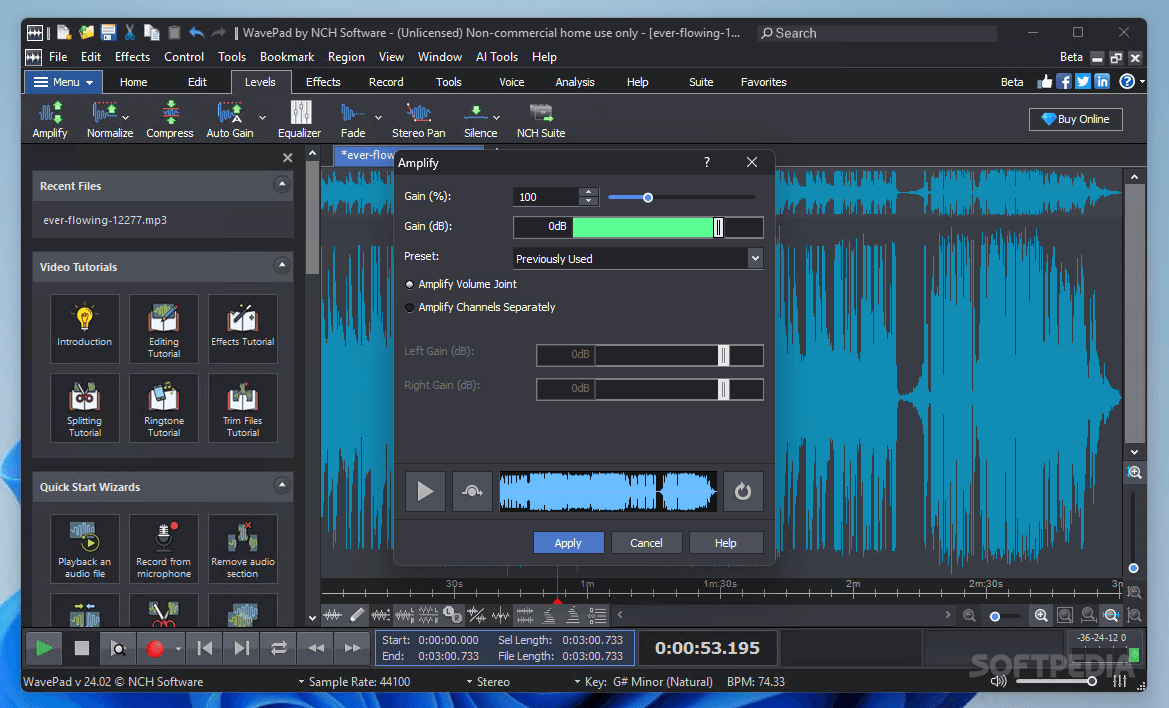 Интерфейс WavePad с волновой формой и окном усиления