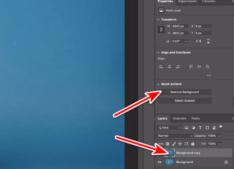 Кнопка Remove Background в разделе Quick Actions программы Adobe Photoshop