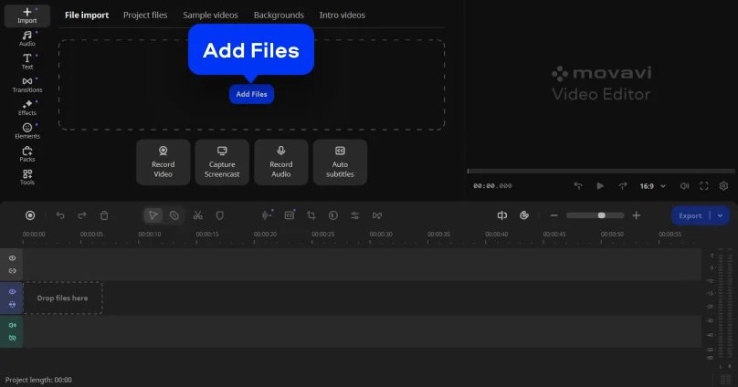 Рабочее окно Movavi Video Editor с импортом файлов, предпросмотром и таймлайном