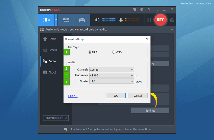 Выбор MP3 или WAV в настройках аудиоформата Bandicam