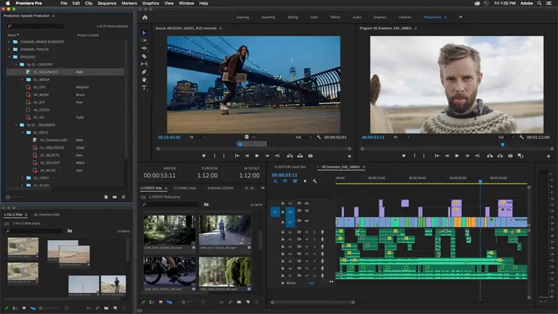 Рабочее пространство Adobe Premiere Pro с мониторами и многодорожечной тайм-линией