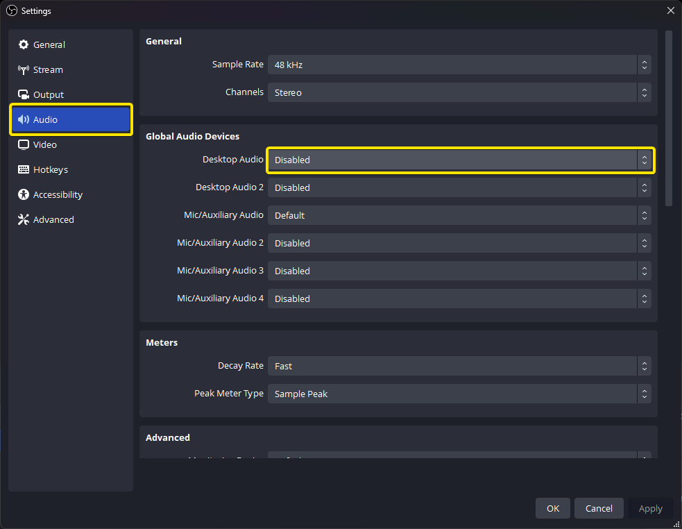 Настройки Audio в OBS Studio с отключенным Desktop Audio