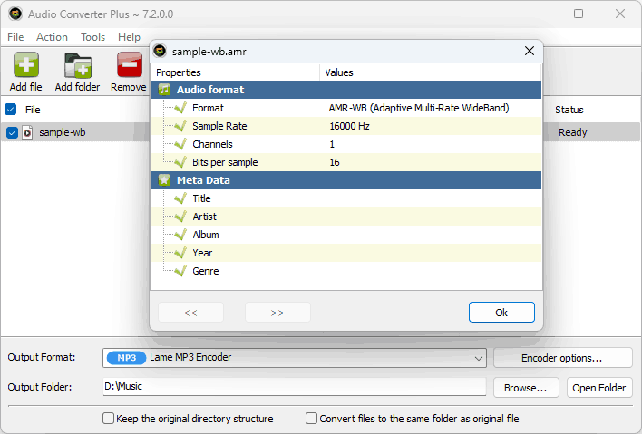 Audio Converter Plus с распознанным AMR-WB 16000 Гц и выходом MP3
